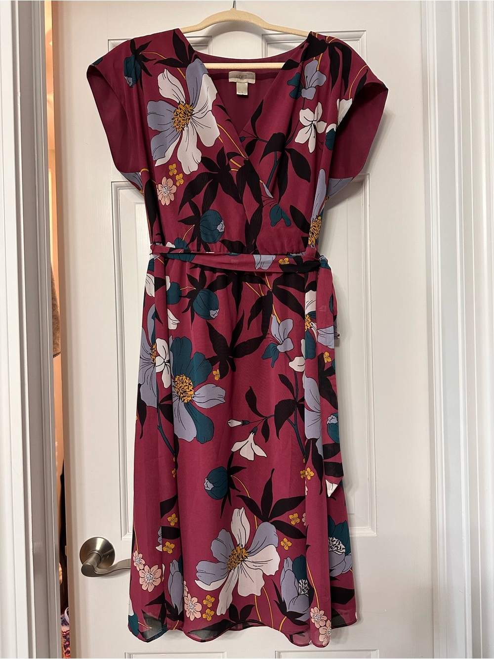 LOFT Burgundy Faux Wrap Dress With Colorful Jewel Tone Floral Print Size L
